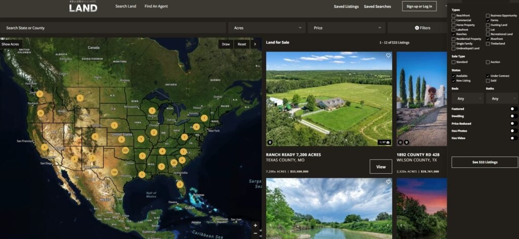 KW Land®'s interactive properties map, displaying land listings and search filters.