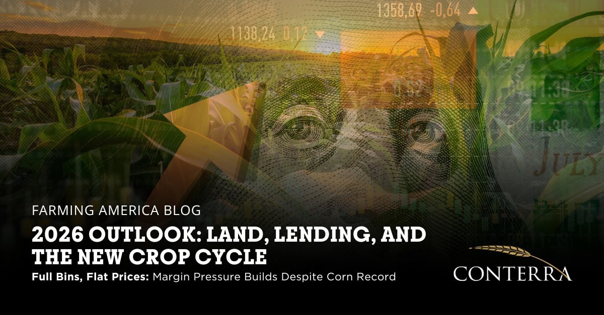 Conterra Ag graphic titled ‘2026 Ag Lookout: Land, Lending, and the New Crop Cycle,’ highlighting 2025 land values and lending trends