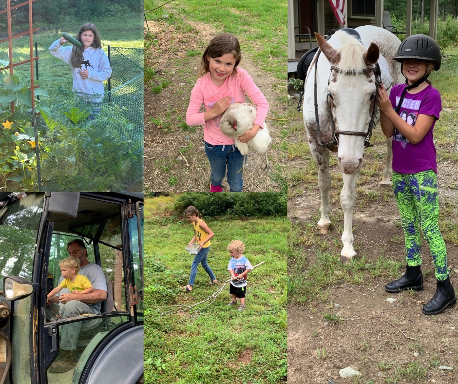 Children caring for animals and gardening on a hobby farm, illustrating how to start a hobby farm and teach responsibility.