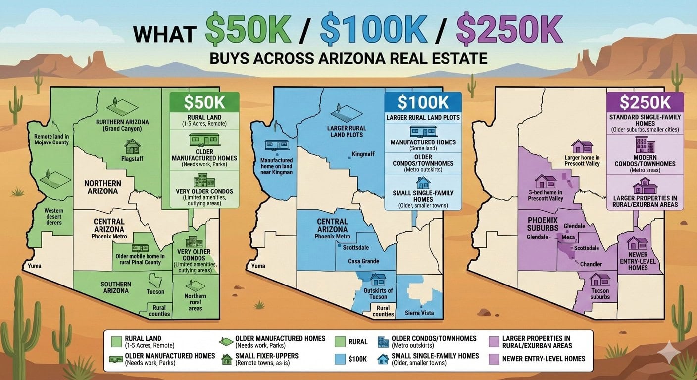 Graphic overview of what 50K, 100K, and 250K buys for land sales in Arizona