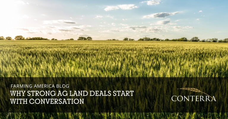 A wide, open agricultural field with rows of crops under a clear sky, symbolizing farmland and ag land management.