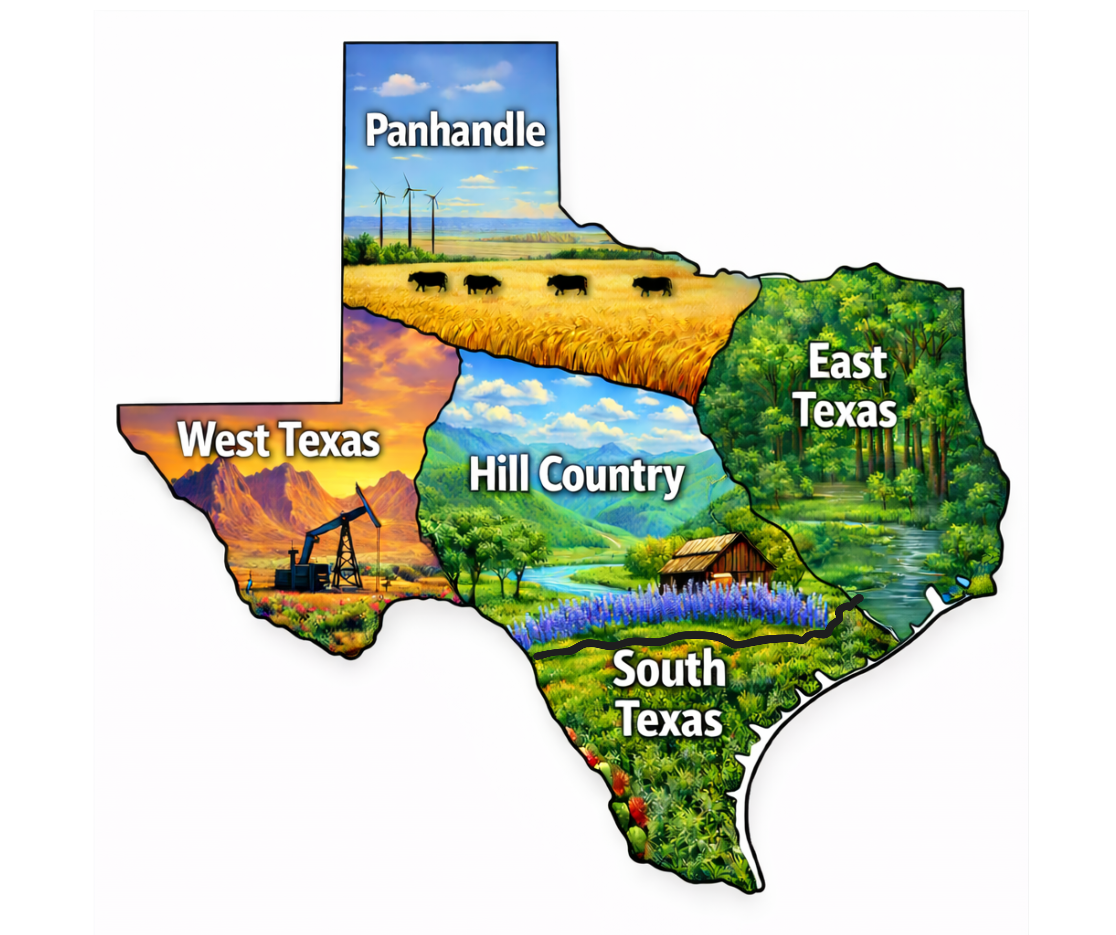 Texas map highlighting major regions for those buying land in Texas.