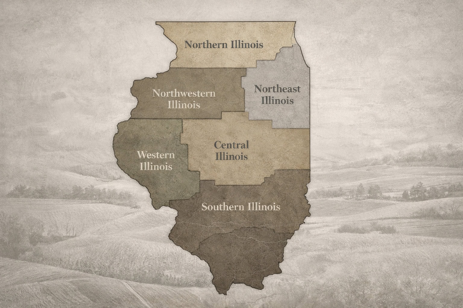 A map showcasing the different regions you purchase land in trhoughout the state of Illinois