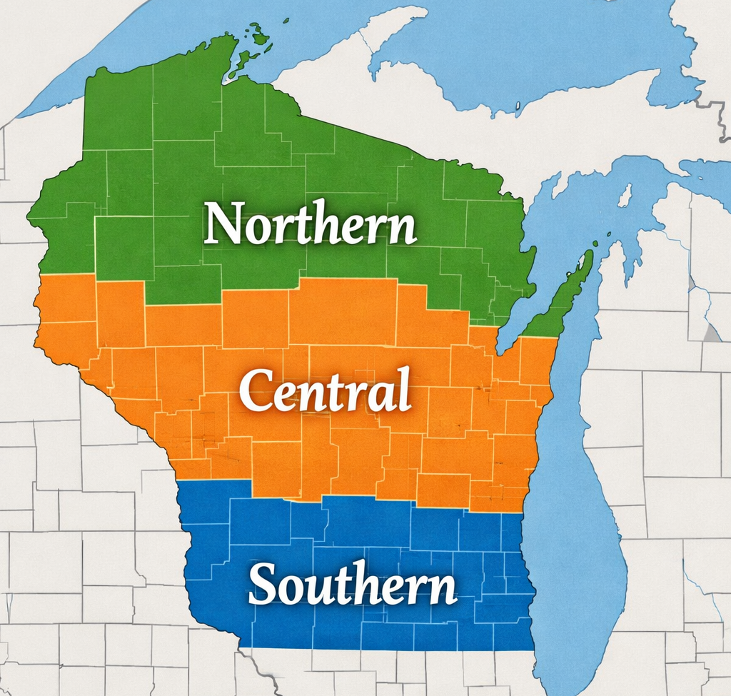 Map of Wisconsin land regions including Northern, Central, and Southern Wisconsin highlighting key areas for buying land in Wisconsin.