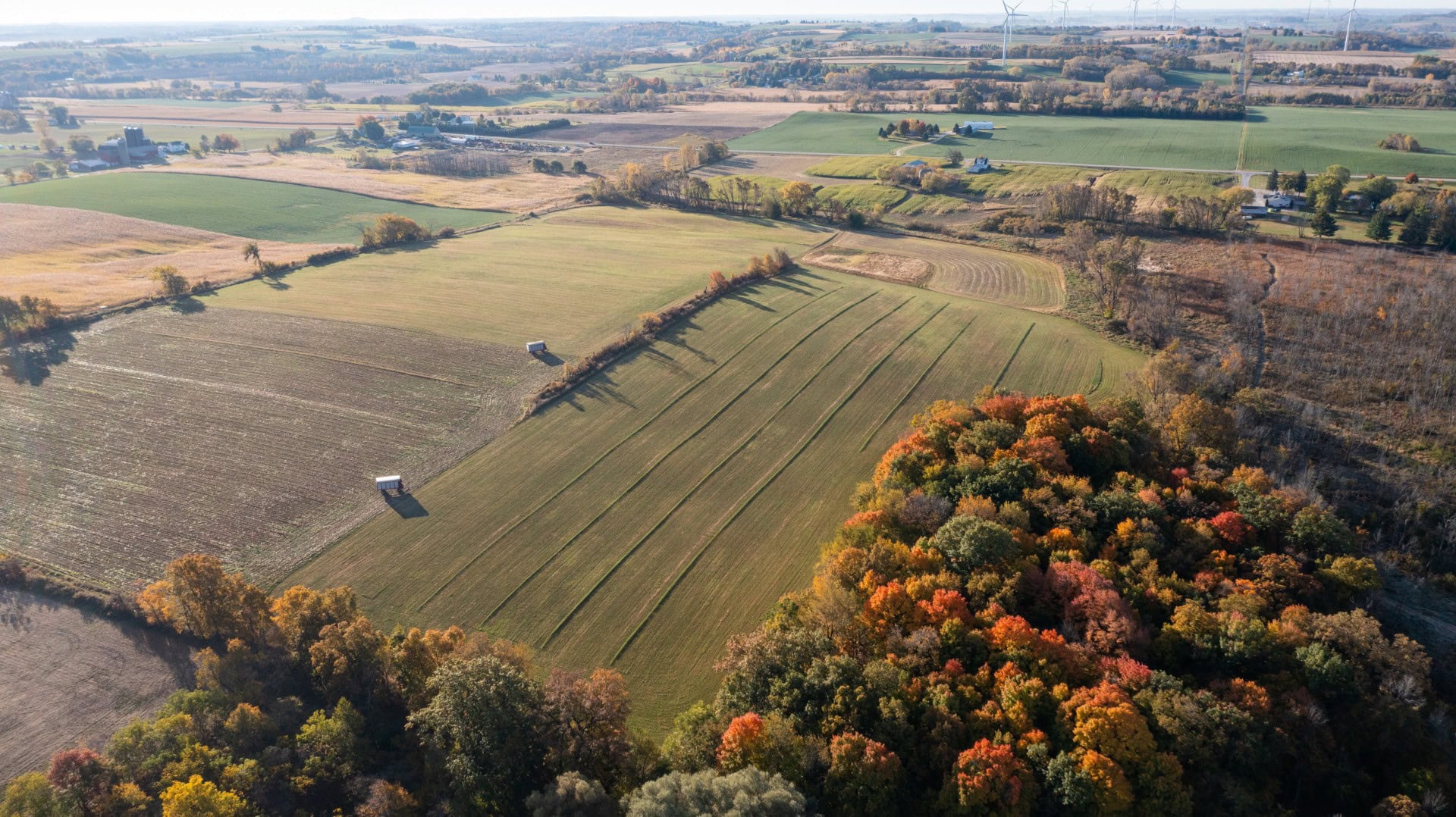 Stunning aerial photo of Wisconsin farmland in fall — explore rolling fields and colorful foliage as you consider buying land in Wisconsin.